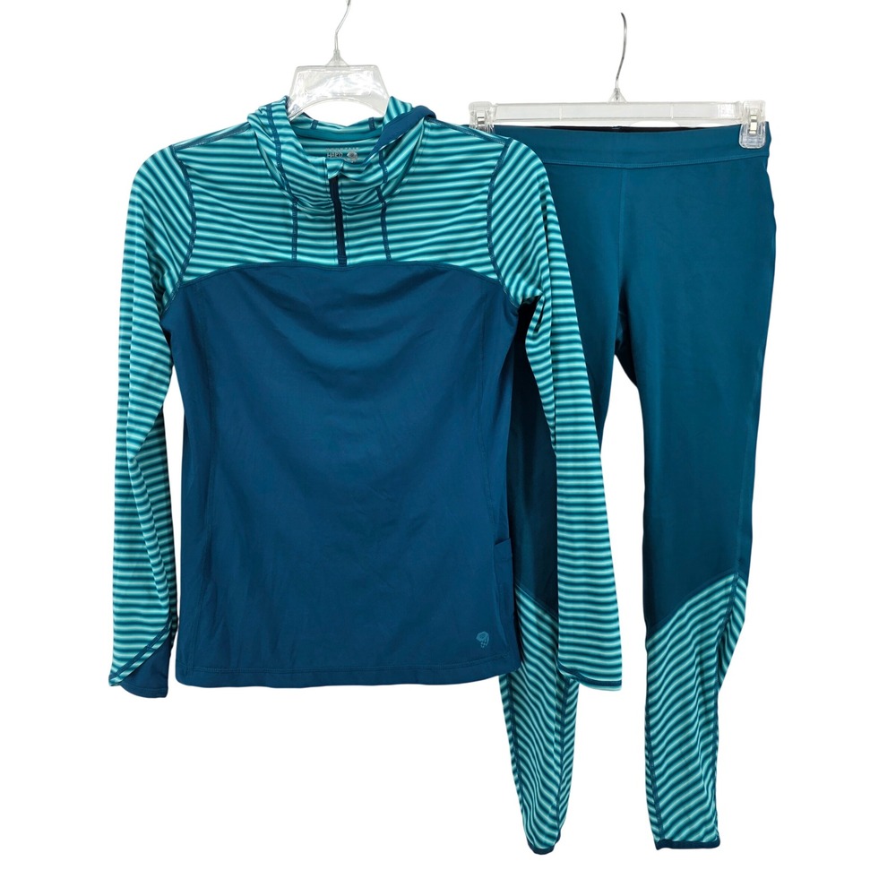 Mountain Hardwear Womens Teal Striped Hooded Quarter Zip‎ Top and Leggings Set M